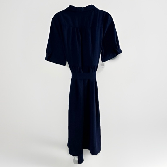 Böhme‎ Navy Wrap Dress Size Large Pockets  Midi Belted Classic Chic Style - Picture 6 of 12
